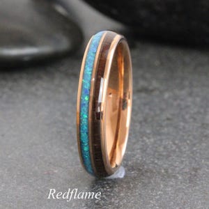 Fire Crushed Blue opal Koa wood tungsten Wedding Ring, men ring, women ring, custom order