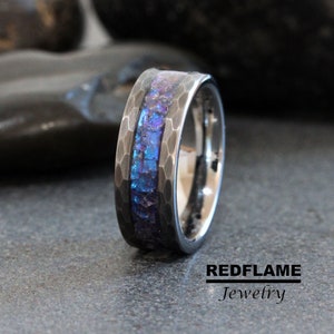 Alexandrite Crushed Wedding Ring Silver Gray Hammer Changing Color Tungsten Wedding Mens Ring  Custom Order Blue Purple Band