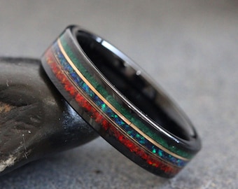 14 K gold filled Red Opal Blue Opal Malachite tungsten wedding ring