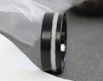 Men 8 mm Black Wedding Dress Fabric Inlay Ring, Tungsten wedding men Band