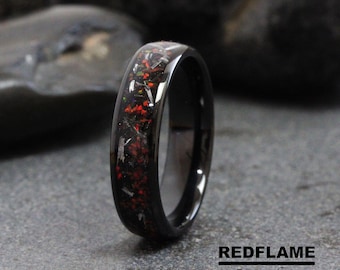 Red Opal Meteorite Wedding Ring, Meteorite Ring Rose Gold Black Yellow Silver Gray Tungsten Carbide Ring
