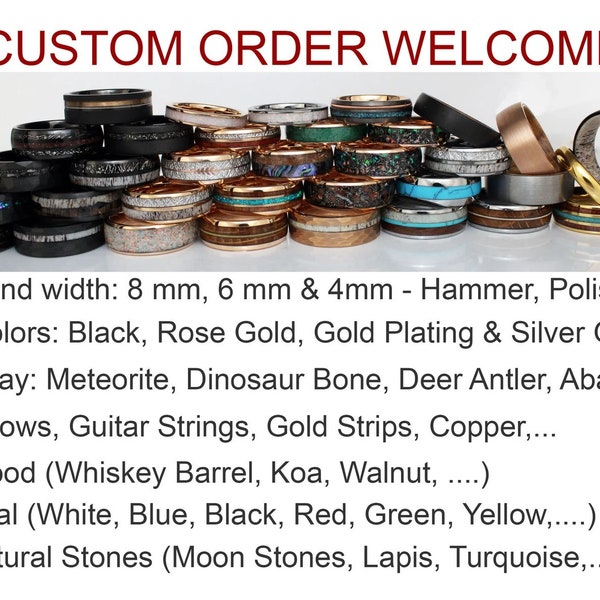 Custom Order, Create Make Your Own Wedding Ring 6mm 8mm 4mm Inlay Custom Order Mens Ring Your Own Material Stones Wood Guitar Meteorite