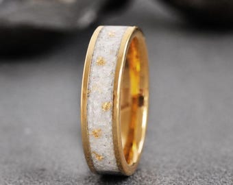 Wedding Dress fabric Inlay with Gold Flake wedding Ring, Gold Tungsten wedding dress band