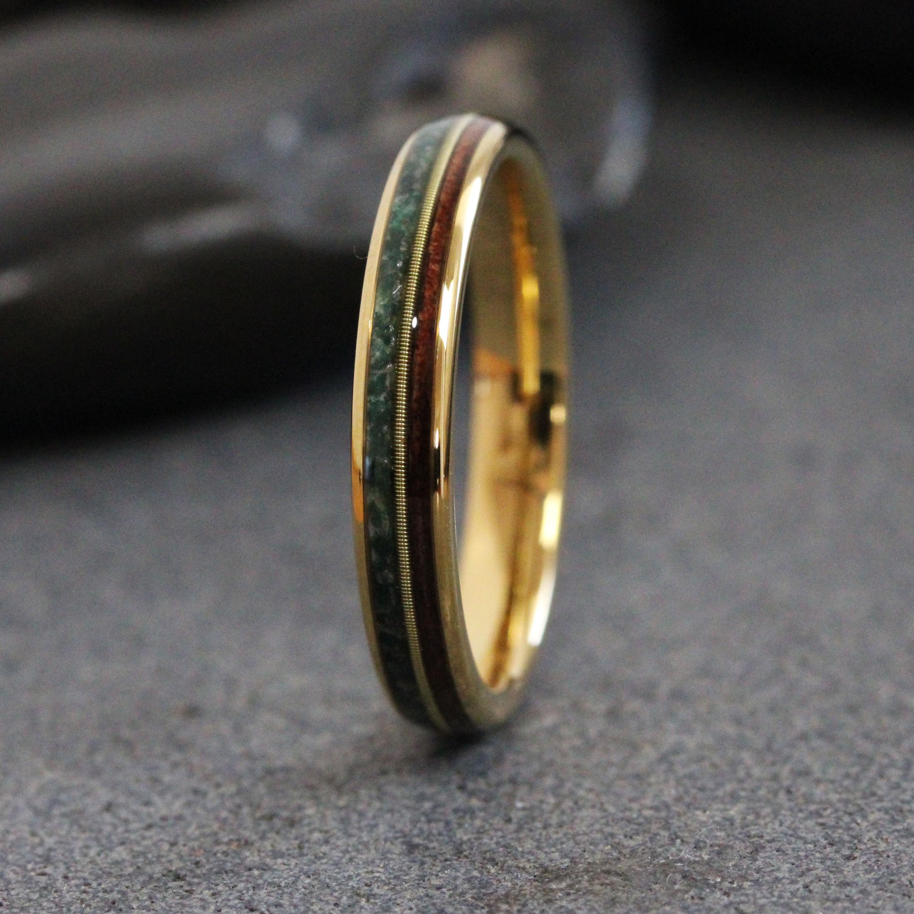 Moss Agate Koa Wood Guitar String Wedding Band, Green Ring, Rose