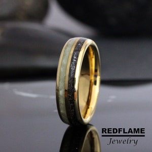 Peridot Meteorite Wedding Ring, Meteorite Mens Ring Meteorite Ring Rose Gold Black Yellow Silver Gray Tungsten Carbide Natural Engagement