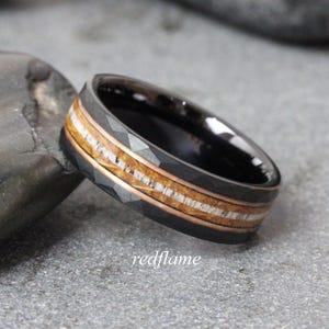 Deer Antler Ring Elk Moose Whiskey barrel Wedding Ring, Tungsten Wedding Ring, hammered black silver rose gold band, custom order