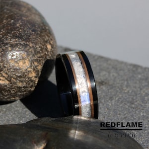 Mens Moonstone Ring Black Polish Rose Gold Accent Tungsten Wedding Ring 8 6 mm Man Rainbow Moonstone Natural Crushed Stone Band Custom Order