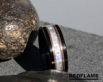 Mens Moonstone Ring Black Polish Rose Gold Accent Tungsten Wedding Ring 8 6 mm Man Rainbow Moonstone Natural Crushed Stone Band Custom Order
