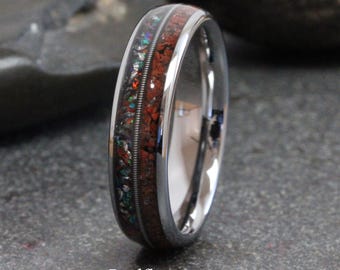 Meteorite Galaxy Opal Dinosaur Bone Ring, Guitar String, Rose Black Yellow Gold Silver Tungsten Carbide Ring, Tyrannosaurus Rex T-Rex Gibeon