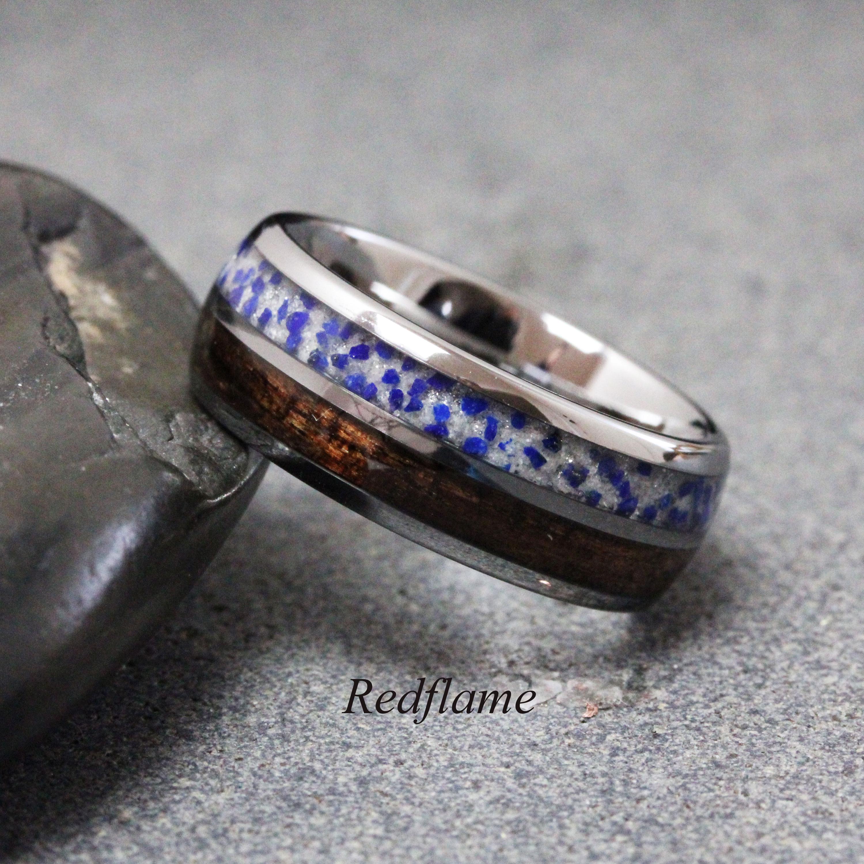 Blue Lapis Lazuli Diamond Dust Koa Wood Wedding Ring Tungsten Band