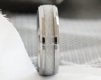 Silver Beveled Wedding Dress fabric Inlay wedding Ring, men tungsten wedding dress band