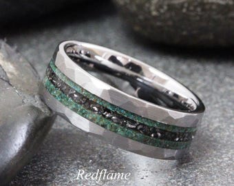 Turquoise Meteorite Ring, Meteorite Wedding Ring, Rose Gold Black Yellow Silver Gray Tungsten Ring, men women ring
