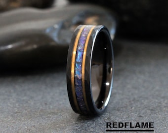 6mm Hammer Alexandrite Crushed Wedding Ring, Black 8mm Gold Stripes Accent Changing Color Tungsten Mens Ring Custom Order Blue Purple Stone