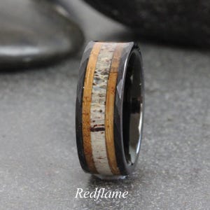 Deer Antler Ring Elk Moose Wood Whiskey barrel Wedding Ring, Tungsten Wedding Ring, custom order