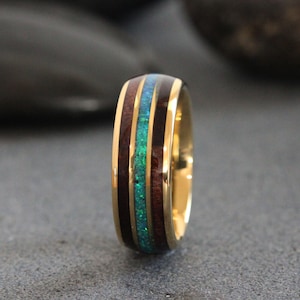 Blue opal Koa wood ring, yellow gold tungsten Wedding Ring