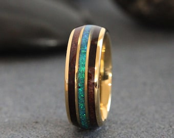 Blue opal Koa wood ring, yellow gold tungsten Wedding Ring