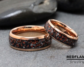 Meteorite Dinosaur Bone Wedding Ring Set, Meteorite Ring Rose Gold Black Yellow Silver Gray Tyrannosaurus Rex T-Rex Gibeon Tungsten