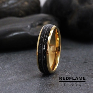 Guitar String Meteorite Wedding Ring Rose Gold Yellow Silver Black  Band Tungsten Black Gray