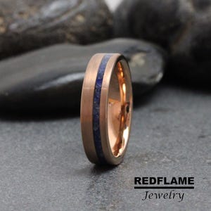 Blue Sapphire Natural Crushed Wedding Ring Untreated Brushed Rose Gold Yellow Gold Tungsten Men women ring, anniversary ring