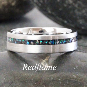 Blue Opal Meteorite Ring, Meteorite brushed Band Tungsten Ring, Mens Womens Band Anniversary Wedding Ring, Custom order