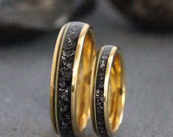 Guitar String Meteorite Wedding Ring Rose Gold Silver Black Band Tungsten