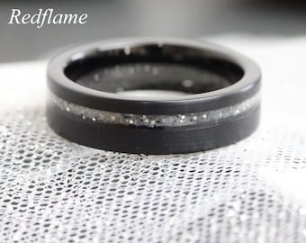 Wedding Dress Fabric Inlay Ring, Black Tungsten Brushed Band, Custom Ring