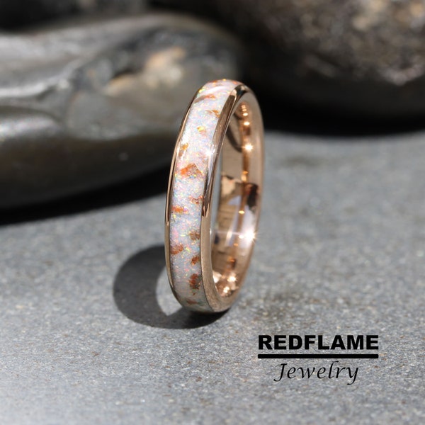 Gold Leaf Foil white opal Wedding Band Ring White Opal Ring Rose Gold Black Yellow Silver Gray Tungsten Wedding Ring Women Mens Ring