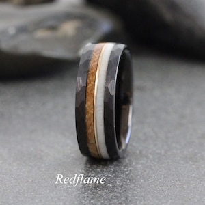 Deer Antler Ring Elk Moose Whiskey barrel Wedding Ring, Tungsten Wedding Ring, hammered black silver rose gold band, custom order