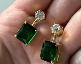 4.00 Ct Round & Emerald Cut Green Emerald Diamond Solitaire Clip On Stud Women's Earrings 14K Yellow Gold Finish