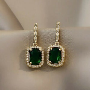 3Ct Emerald Cut Green Emerald Diamond Drop/Dangle Earrings 14K Yellow Gold Finish