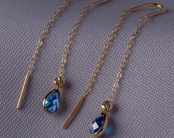 Blue Sapphire Raindrop Dangle Drop Threader Earrings For Women 18K Yellow Gold Finish