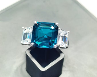 5.00Ct Asscher Cut Blue Topaz Solitaire Engagement Ring 14K White Gold Finish