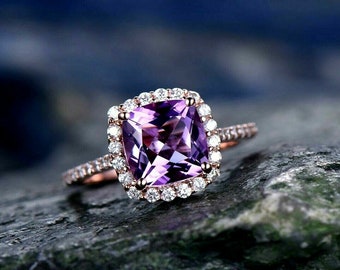 2.10 Ct Cushion & Round Cut Amethyst Diamond Valentine Day Women's Ring Gift 14k Rose Gold Finish