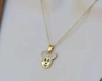 925 Silver Round Cut Lab Created Diamond Mickey Mouse Pendant with 18 inch Chain 14K Yellow Gold Plated.