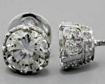 3Ct Round Cut VVS1/D Diamond Simulated Solitaire Stud Earrings 14K White Gold Fn