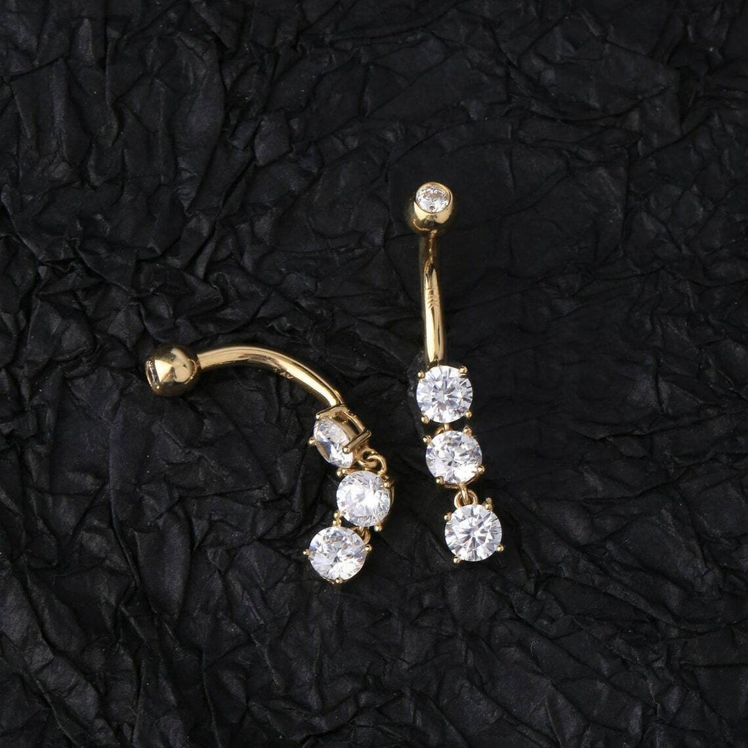 Dangle Belly Button Ring 10mm Barbell Piercing 14k Yellow Gold Plated Navel Ring Jewelry Etsy