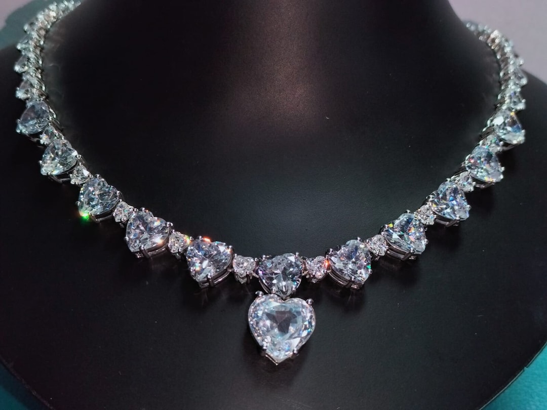 13ct Heart Cut Diamond Loved Heart Tennis Necklace 14K White Gold ...