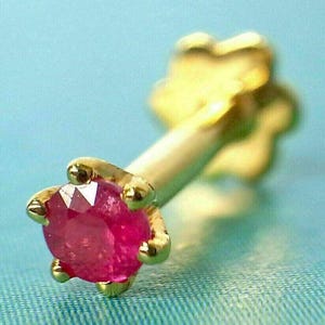 Puede incluir: Un pendiente de nariz de oro con una pequeña piedra de rubí redonda y de color rosa brillante.