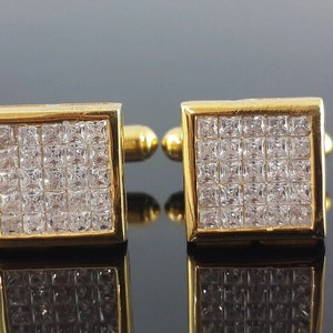 14K Yellow Gold Over 3 Ct Princess Lab Created Diamond Cluster Men's Cufflinks