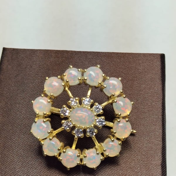 18K Yellow Gold Finish Oval Cabochon Opal &Diamond Butterfly Brooch Pin