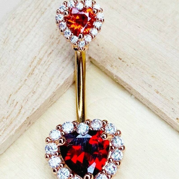 Ruby Diamond Piercing 14K Yellow Gold Finish Navel Belly Button Ring Heart Barbell