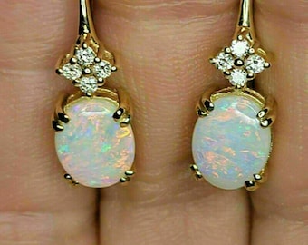 2 ct Oval Cut  Opal & Diamond Drop/Dangle Earrings 14k Yellow Gold Finish