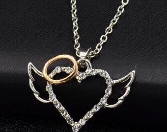 Women Angel Wings Guarded Heart Lab Created  Diamond Pendant With Chain Necklace 14K Two-Tone Gold Finish