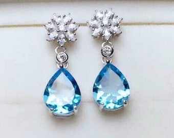 14K White Gold Over 3.50 Ct Pear Cut Simulated Blue Topaz Drop/Dangle Earrings