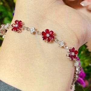 8CT Lab Created Ruby Pear Diamond Tennis Women's Bracelet 14K White Gold Plated.