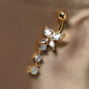 14K Yellow Gold Finish Lab-Created Diamond Butterfly Dangle Belly Button Ring