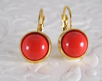 925 Silver 14K Yellow Gold Over Closure: Lever Back Earrings with Red Coral (Pair)