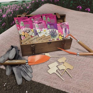 Scatola regalo di semi di fiori deluxe - 15 varietà uniche con attrezzi da giardinaggio e guanti di alta qualità in una cassa di legno rustica