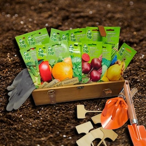 Caja de regalo de lujo con semillas de hortalizas: 15 variedades con herramientas y guantes de jardinería de primera calidad en una caja de madera rústica