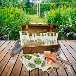 Caja de regalo de lujo con semillas de hierbas: 15 variedades, herramientas de jardinería premium y guantes en una caja rústica de madera.